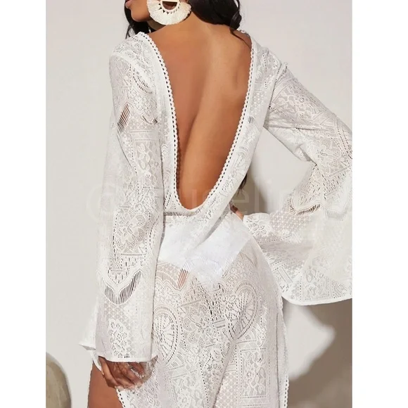 Backless Lace White Swim Coverup Dress Long Sleeve Fringe - Picture 5 of 6
